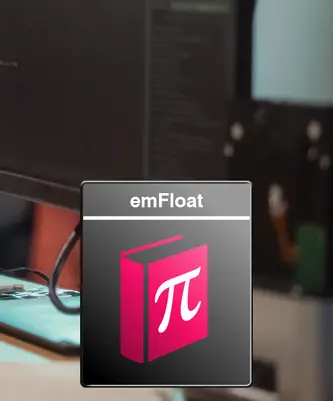 An illustration of a digital icon representing "emFloat," featuring a stylized book with the symbol for pi (π) on its cover. The background suggests a workspace with a computer monitor, conveying a tech-themed context related to learning or programming.