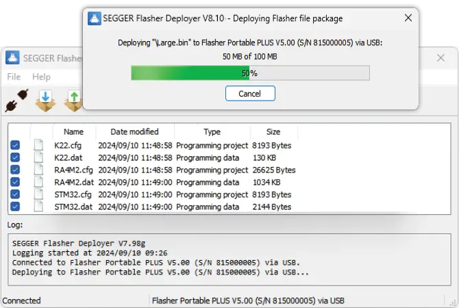 Screenshot of the Flasher Deployer showing deploying the Flasher file package to other Flasher devices
