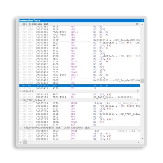 The image displays a detailed instruction trace of a program, showing assembly code and operation codes. Each line features command mnemonics, registers, and memory addresses, illustrating the flow of execution in the code. It emphasizes the technical aspects of software development and debugging.