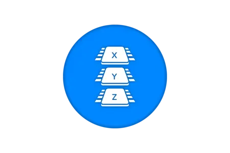 An icon featuring three stacked rectangular boxes labeled "X," "Y," and "Z." The background is a solid blue circle. The boxes are illustrated with lines resembling tracks on the sides, suggesting a connection or progression between them.