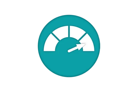 A circular gauge with a teal background, displaying a semi-arc indicator pointing towards the right. The indicator consists of white segments, representing a scale or measurement, with the pointer suggesting a positive direction or increase.