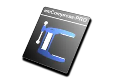 An icon representing the software "emCompress-PRO" features a blue clamp illustration against a dark background. The design suggests functionality related to compression or file management, indicating the software’s purpose in optimizing data storage.