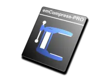 An icon representing the software "emCompress-PRO" features a blue clamp illustration against a dark background. The design suggests functionality related to compression or file management, indicating the software’s purpose in optimizing data storage.