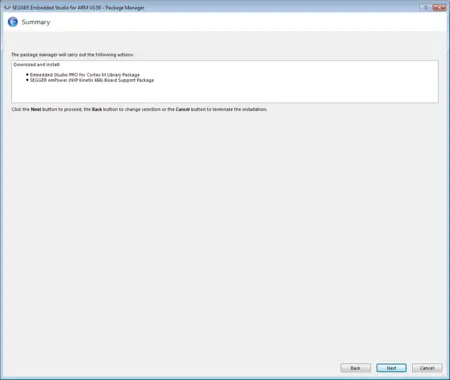 A software installation summary for SEGGER Embedded Studio for ARM version 3.50. It outlines actions to download and install the Embedded Studio PRO for Cortex-M Library Package and the SEGGER emPower Board Support Package for NXP Kinetis K66. Options for proceeding or canceling are provided.