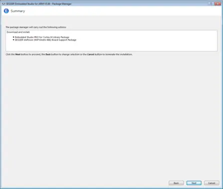 A software installation summary for SEGGER Embedded Studio for ARM version 3.50. It outlines actions to download and install the Embedded Studio PRO for Cortex-M Library Package and the SEGGER emPower Board Support Package for NXP Kinetis K66. Options for proceeding or canceling are provided.