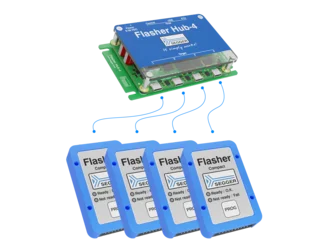 The image shows a Flasher Hub-4 device at the top, with four connected Flasher units below it. The Hub facilitates communication between the units, indicated by blue lines. Each Flasher unit displays status labels, showing readiness for programming or failure.