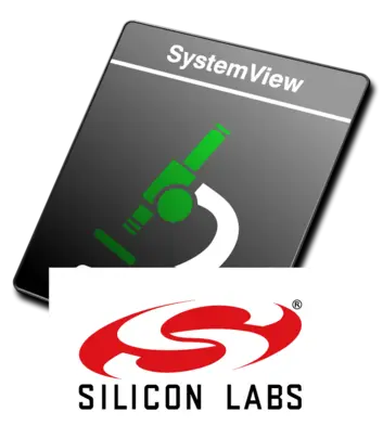 Logo for SystemView featuring a green microscope icon against a black background. Below, the logo for Silicon Labs is displayed in red and black. The image emphasizes technological themes related to system analysis and development.