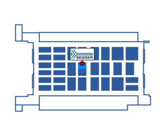 A diagram showcases a layout with multiple blue blocks. The SEGGER logo is prominently displayed in a central block, marked with a red circle for emphasis. The design suggests a structured arrangement, indicating a map or seating plan.