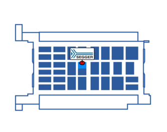 A diagram showcases a layout with multiple blue blocks. The SEGGER logo is prominently displayed in a central block, marked with a red circle for emphasis. The design suggests a structured arrangement, indicating a map or seating plan.