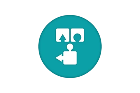 A circular teal icon featuring white abstract shapes: two squares with a triangle and a circle above, and a downward arrow pointing to a figure with a square base, which has an arrow to the left. The design conveys direction and transformation.