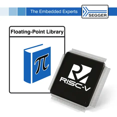 Floating Point Library RISC-V An image featuring a microchip with the RISC-V logo and a blue book labeled "Floating-Point Library," which includes the symbol for pi. This illustration emphasizes the connection between embedded systems and mathematical computing.