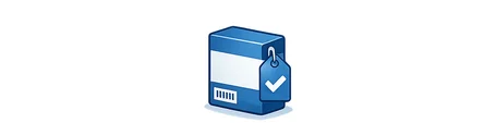 Illustration of a blue box with a white label and a checkmark tag. The box symbolizes a product or item, often used in a context of verification or approval.