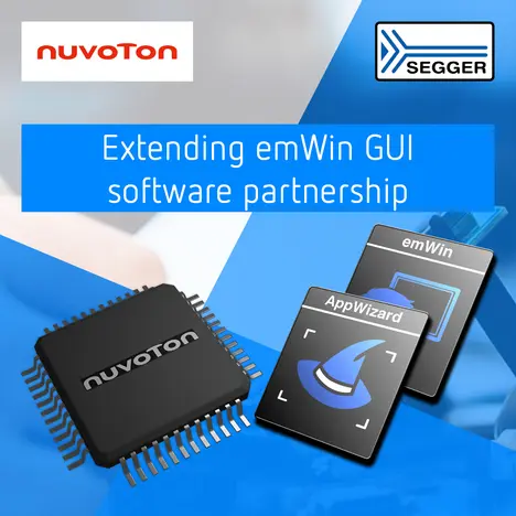Image featuring a microcontroller with "Nuvoton" branding, accompanied by icons for "emWin" and "AppWizard." Text on a blue background states, "Extending emWin GUI software partnership." The image highlights the collaboration between Nuvoton and SEGGER in graphical user interface development.