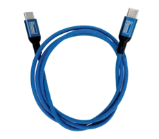 A blue USB cable with two connectors at each end, designed for connecting devices. The cable has a durable, textured surface, indicating it is built for longevity.