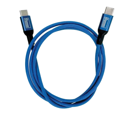 A blue USB cable with two connectors at each end, designed for connecting devices. The cable has a durable, textured surface, indicating it is built for longevity.