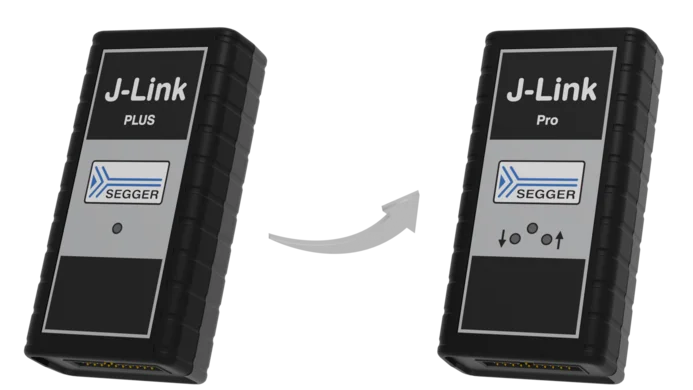 Image features two J-Link devices, labeled "J-Link PLUS" on the left and "J-Link PRO" on the right, with an upward arrow between them, suggesting an upgrade or transition from the PLUS model to the PRO model.