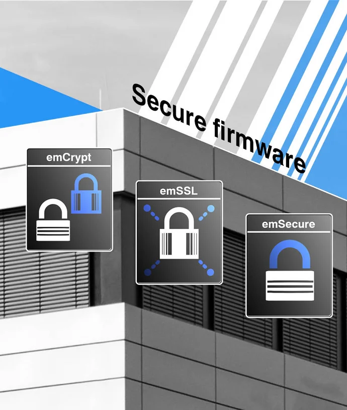 The image features a modern building backdrop with the text "Secure firmware" prominently displayed. Three security icons are highlighted: emCrypt, emSSL, and emSecure, each depicting padlocks, symbolizing data protection and security solutions. The overall theme emphasizes cybersecurity and firmware integrity.