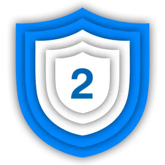 A layered shield emblem featuring varying shades of blue and white, with the number "2" prominently displayed in the center. The design conveys a sense of protection or security, typically associated with safety or achievement.