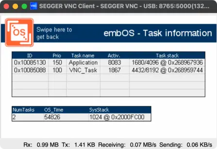 A screen displaying task information for the embOS. It lists two tasks: "Application" with priority 150 and "VNC_Task" with priority 100, along with their active states and task stack details. Below, it shows two tasks with total OS time and system stack usage.