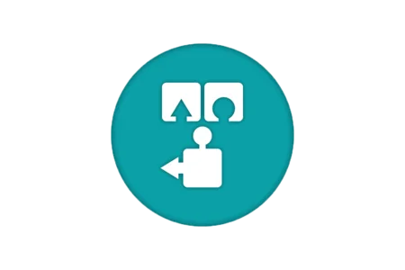 A circular teal background features white icons: two faces above representing profile views, and a person icon with an arrow pointing left, suggesting an action related to sharing or directing attention towards something.