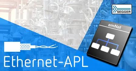 The image features a blue background with the text "Ethernet-APL" prominently displayed. It includes an illustration of a network cable and an icon labeled "emNet," which represents network connectivity. The background shows industrial piping and valves, suggesting a focus on industrial networking solutions.