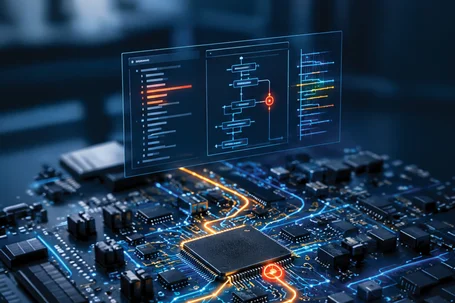 A close-up view of a computer motherboard with glowing circuits. Above it, there are transparent digital display elements showing a flowchart and a list of items, possibly related to data processing or system information. The overall color scheme is dark with bright blue and orange highlights.