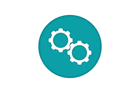 Blue circular icon featuring two white gears, symbolizing settings or mechanical functions, commonly used to represent configuration options or adjustments in applications and devices.
