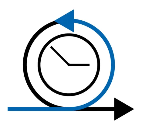 A circular graphic featuring a clock at the center, with one arrow looping around the clock and another arrow pointing to the right. This design symbolizes the concept of time and progress.