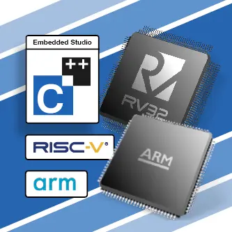 The image features logos and icons related to embedded software development, including C++ programming, RISC-V architecture, and ARM processors. Central to the image is a microchip marked with "RV32P" surrounded by various technology symbols, set against a blue background.