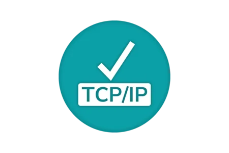 A teal circular icon featuring a white checkmark above the text "TCP/IP" in a rectangular white box. The design suggests verification or confirmation related to the TCP/IP protocol.