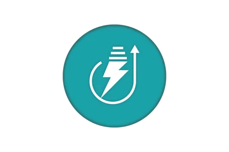 A teal circular icon featuring a white lightning bolt inside a light bulb with an upward arrow, symbolizing energy or power efficiency.