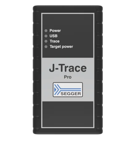 The image shows a rectangular electronic device labeled "J-Trace Pro" with indicator lights for Power, USB, Trace, and Target power. The device features a black textured exterior and the SEGGER logo at the bottom.