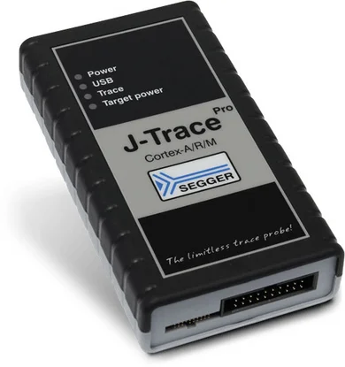 A rectangular, black device labeled "J-Trace Pro" is prominently displayed. It features indicators for "Power," "USB," "Trace," and "Target power." A segmented connection port is visible at one end, suggesting a connection to other devices, while the tagline "The limitless trace probe!" is printed on the side.