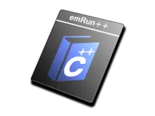An illustration depicting a black card featuring the text "emRun++" at the top. The card displays a blue book icon with a prominent white letter "C" in the center, symbolizing C++ programming. This image represents software or tools related to C++ programming.