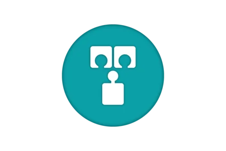 An icon featuring three simplified human figures: two smaller figures at the top facing each other and one larger figure below them. The background is a teal circle, emphasizing collaboration or communication among the represented individuals.