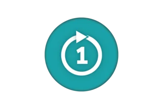 A circular icon in teal featuring a white numeral "1" and a right-facing arrow inside a circular arrow, suggesting the concept of "one" or "start.