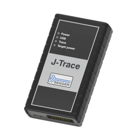 Black rectangular device labeled "J-Trace" with indicators for Power, USB, Trace, and Target power. It features a logo for "SEGGER" and is designed for debugging and programming embedded systems.