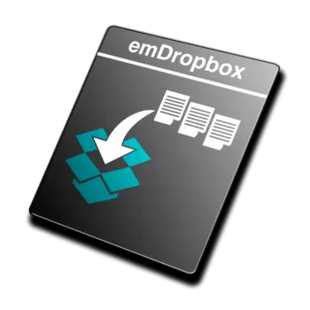 An icon representing "emDropbox," featuring a download arrow pointing to a stylized box with overlapping layers, alongside three stacked paper icons. The design suggests file storage and sharing functionality.