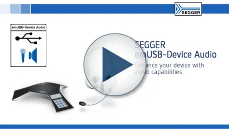 Image description: A promotional graphic for SEGGER's emUSB-Device Audio. It features a play button overlay and text that reads "Enhance your device with audio capabilities." Accompanying icons represent a microphone and speaker, indicating audio functionality.