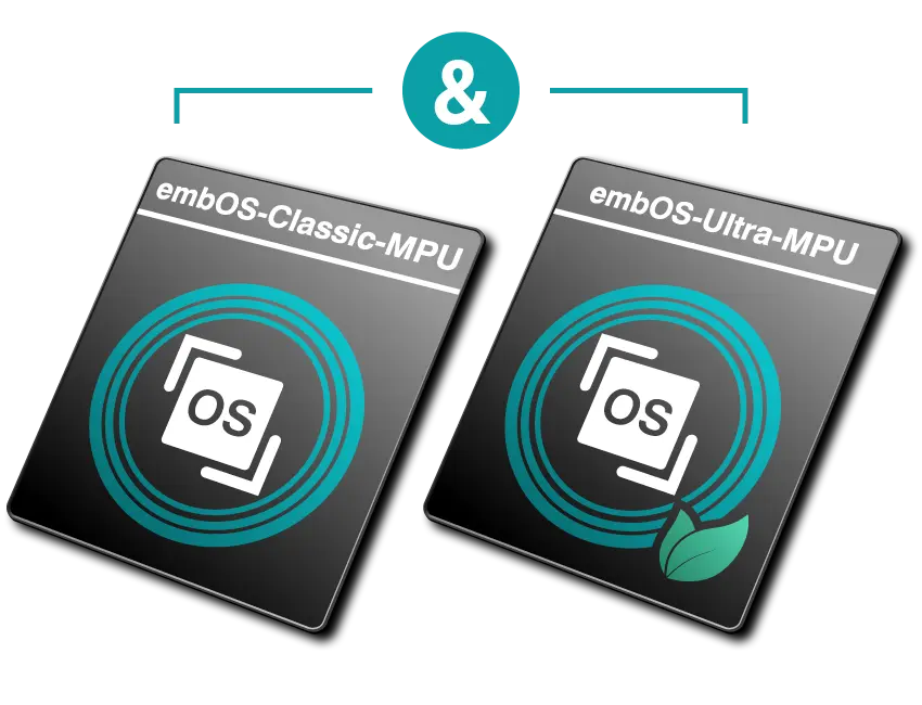 Image features two software logos: "embOS-Classic-MPU" on the left and "embOS-Ultra-MPU" on the right. Both logos have a circular design with the letters "OS" at the center. The "Ultra-MPU" logo includes a leaf symbol, indicating an eco-friendly aspect.