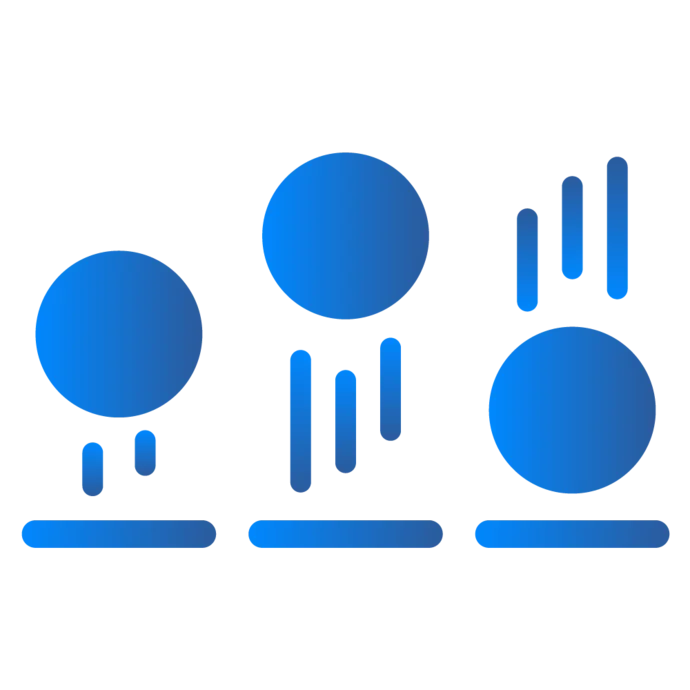 Three blue circles of varying sizes are depicted, with the leftmost circle showing two lines beneath it, the middle circle with three lines, and the rightmost circle with one line. The circles are arranged horizontally against a black background.