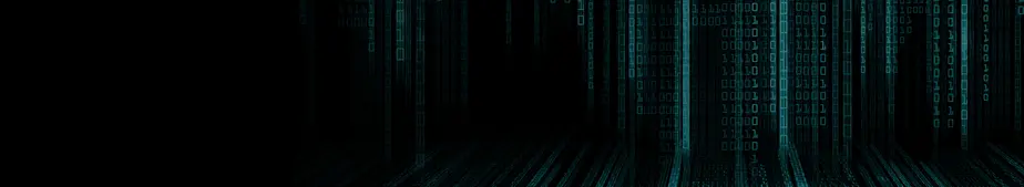 A dark background filled with cascading vertical lines of binary code (0s and 1s) creates a digital, futuristic atmosphere. The pattern gives a sense of depth, resembling a virtual tunnel or data stream, enhancing themes of technology and information.