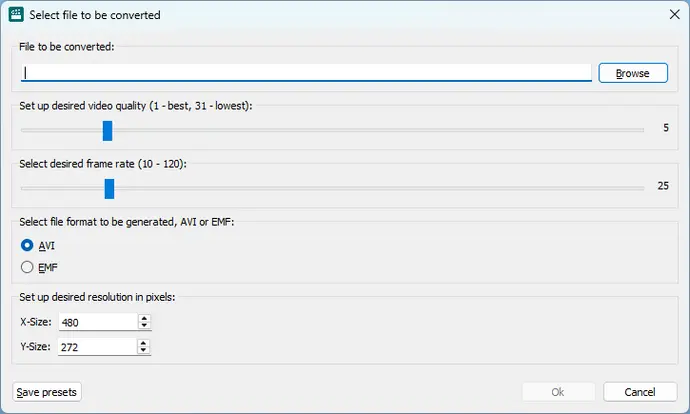 A user interface for file conversion, featuring fields for selecting a file to convert, adjusting video quality and frame rate using sliders, and options for file format (AVI or EMF). There are also input boxes for setting desired resolution in pixels.