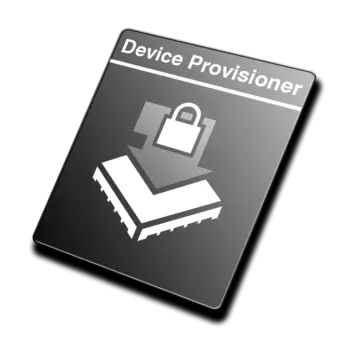 An icon labeled "Device Provisioner" features a downward arrow over a stylized circuit board with a padlock symbol, indicating secure installation or configuration of devices. The background is primarily dark, emphasizing the icon's design.