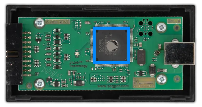 How to destroy the MCU of a J-Link unit Destroyed MCU of a J-Link highlighted in blue