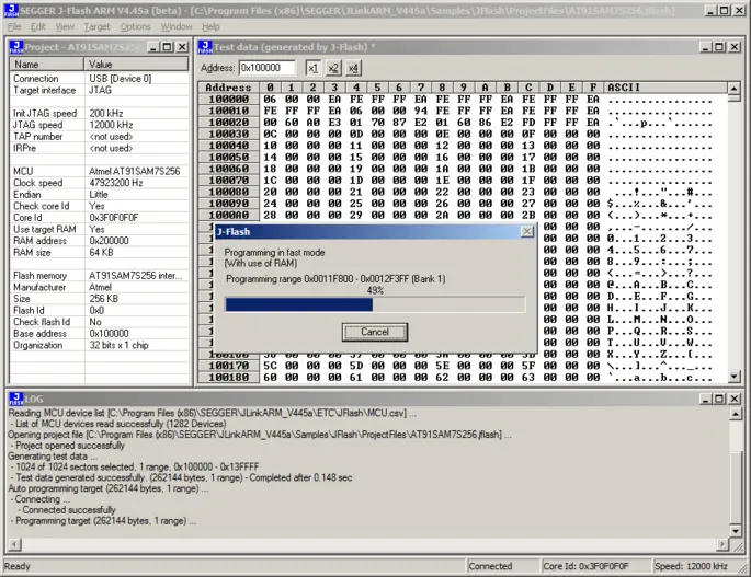 The image displays a software interface for a programming tool, showing system information about a microcontroller. A progress bar indicates that programming operations are 49% complete, along with details on the memory addresses involved. Additional logs and parameters regarding the project and settings are visible.