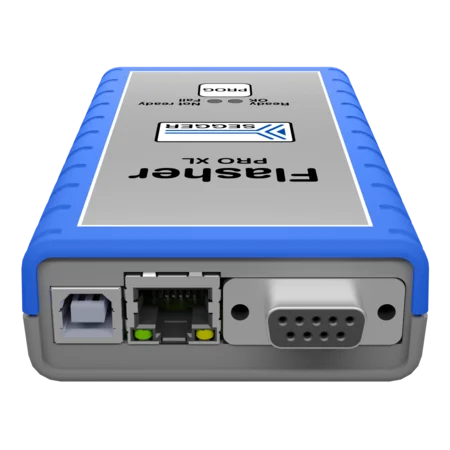 The image shows a gray device labeled "Falsketer Pro X1" with a blue rubber edge. It features ports on one side: one USB port, one network port with lights, and a serial port. The design is compact and intended for electronic use.