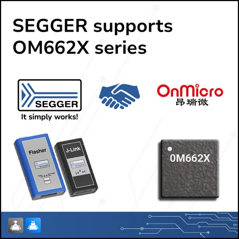 Image features logos and devices related to SEGGER, including the text "SEGGER supports OM662X series." It shows a blue Flasher device, a black J-Link device, and the OnMicro logo next to a chip labeled 0M662X. Background includes a circuit design pattern.