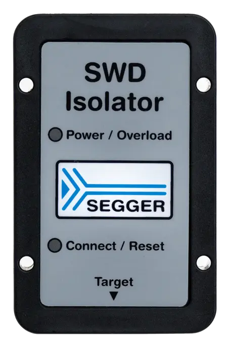 Image of a rectangular device labeled "SWD Isolator" with buttons for "Power / Overload" and "Connect / Reset." The SEGGER logo is displayed prominently. The design includes markings to indicate functionality for electronic projects or debugging.