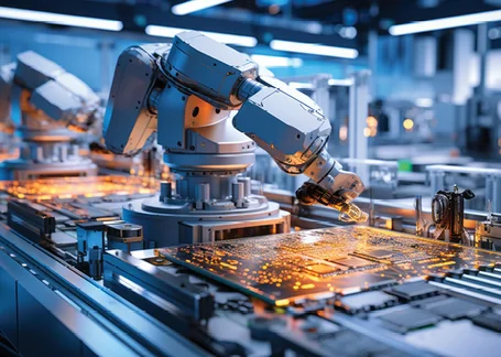 A robotic arm is shown working on a circuit board in a high-tech manufacturing environment. The scene features multiple robotic arms and illuminated components on the board, emphasizing an advanced assembly process in a factory setting.